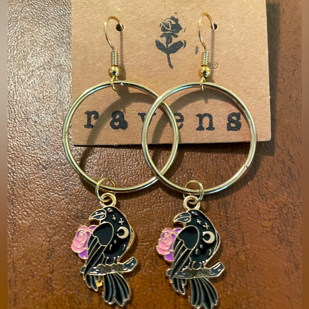 24k gold plated fishhook earrings with crow design